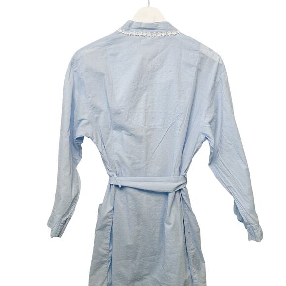 EILEEN WEST Lace Trimmed Swiss Dot Textured Cotton Belted Robe Blue White Sz S/M - Picture 5 of 9